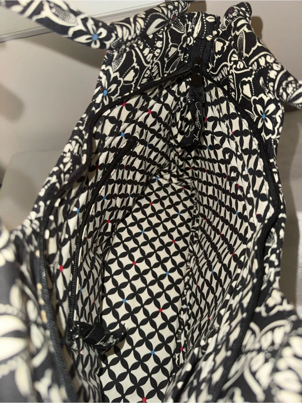 Vera Bradley Black & White Quilted Tote with Multicolor Stripe Detail